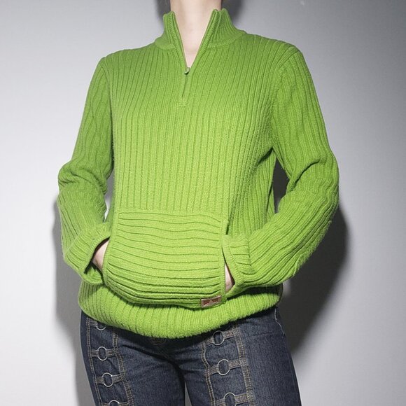 Vintage Y2K comfy bright apple green knit sweater ✦ High neck quarter zip-up top - Picture 5 of 15